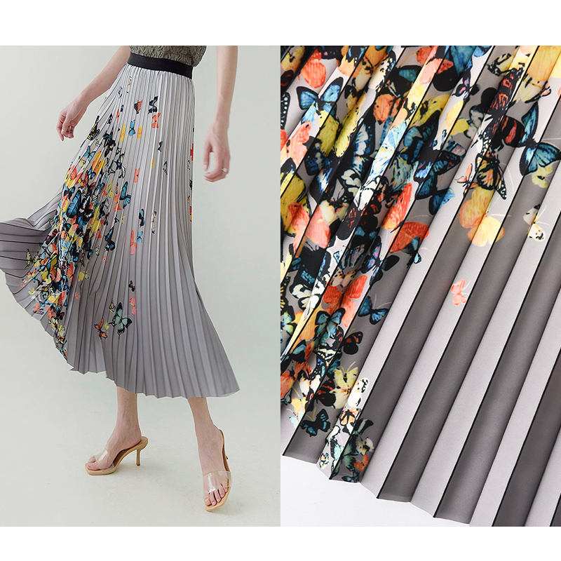 Butterfly Print Mid-Length Pleated Skirt Chiffon Fabric
