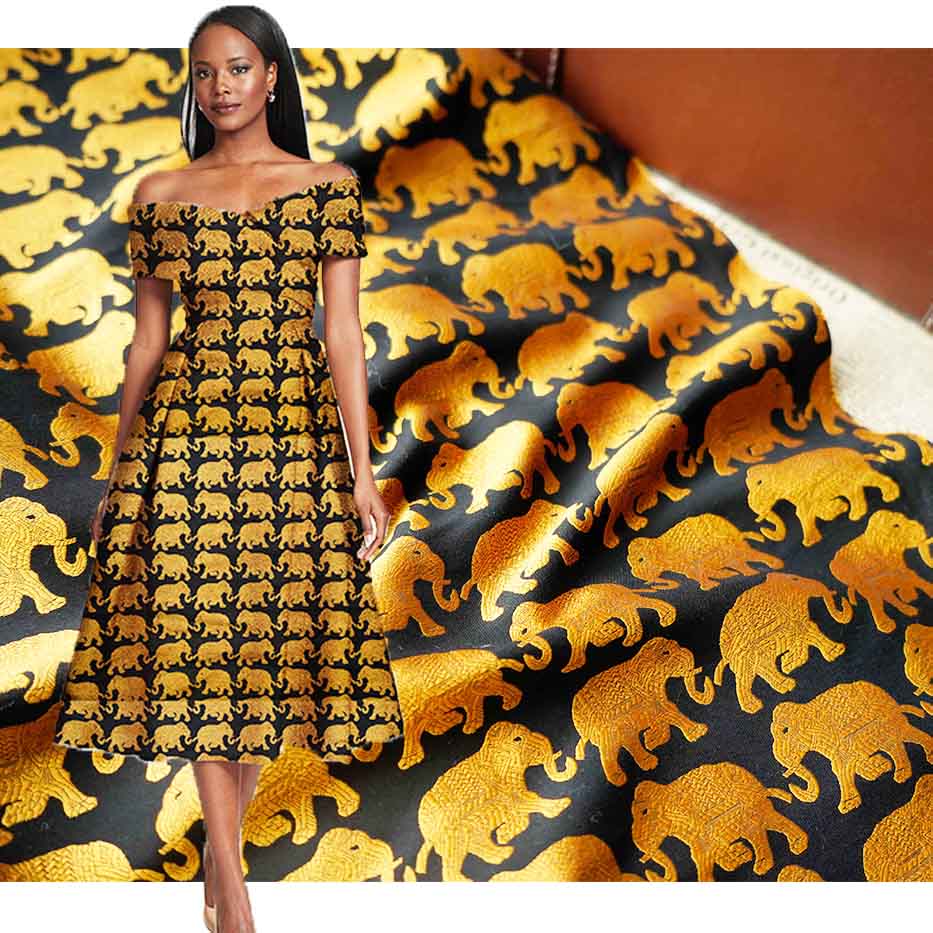 Black Gold Filigree Elephant Jacquard Brocade Fabric PA-3010