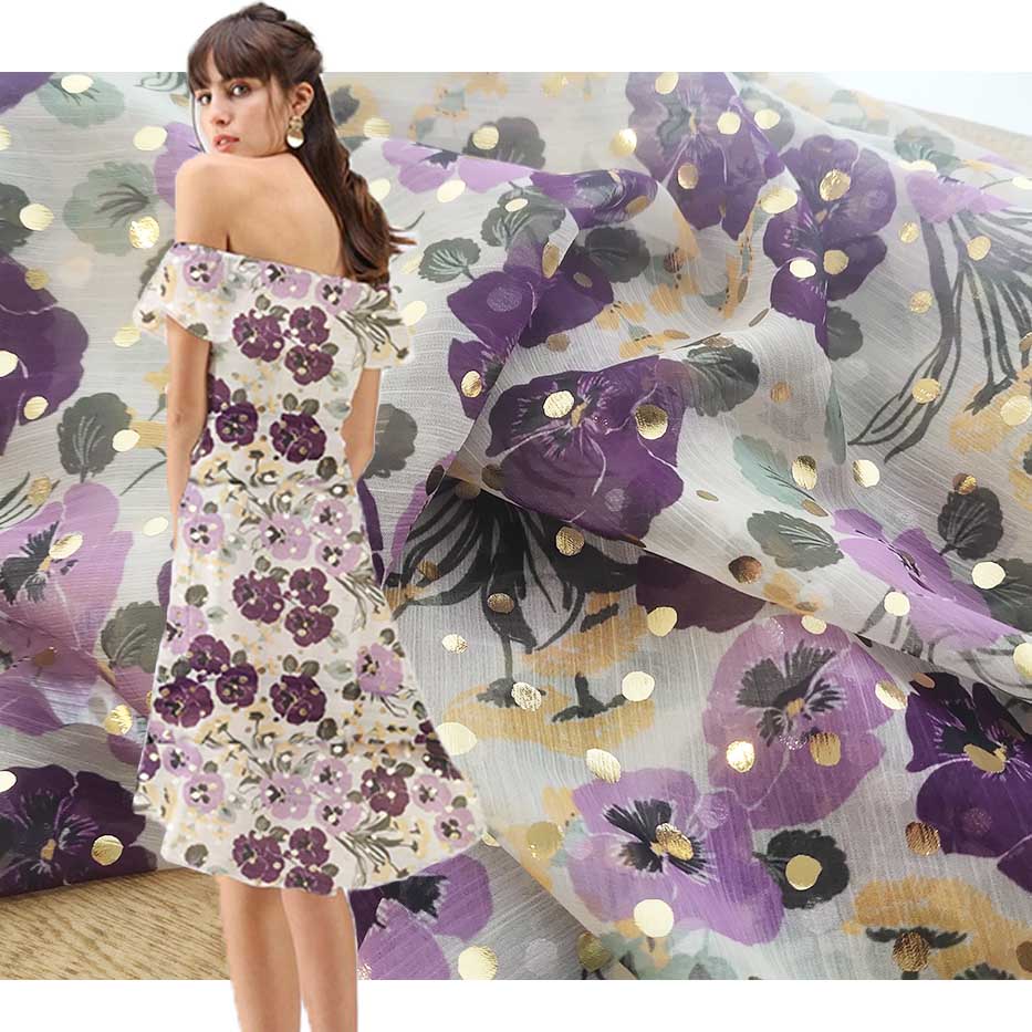 Fashion Design Hot Stamping Printed Florals Chiffon Crepe Fabric PA-23382