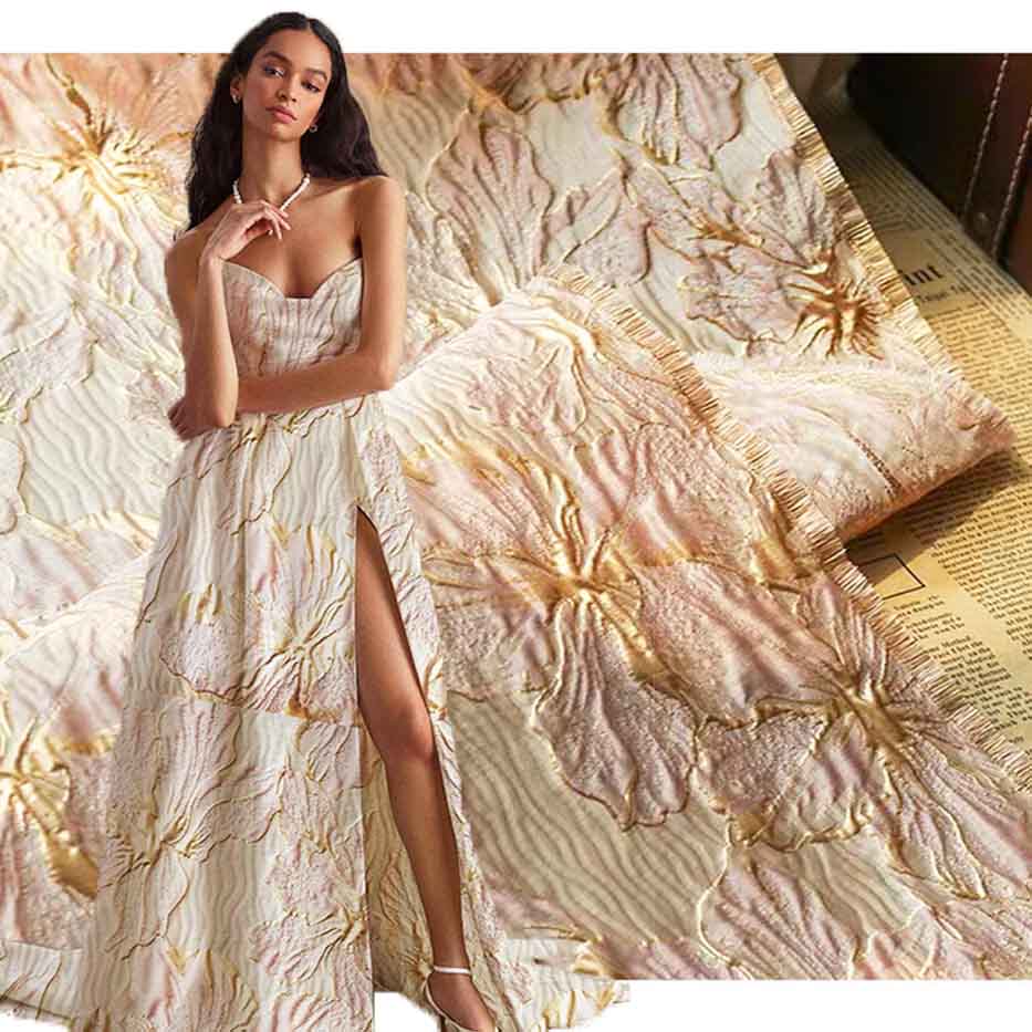 Gold Silk Large Flower Fashion Jacquard Brocade Fabric LXP-1002
