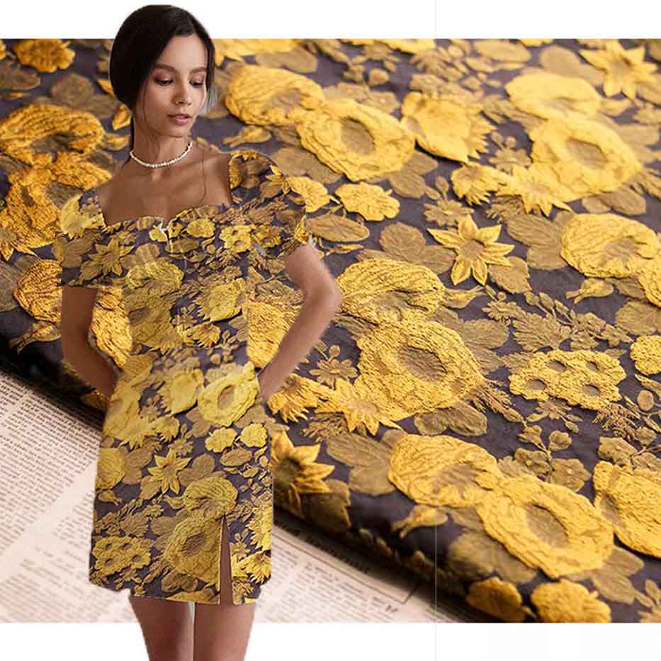 New Fashion Black Gold Silk Flower Jacquard Brocade Fabric LXP-1003
