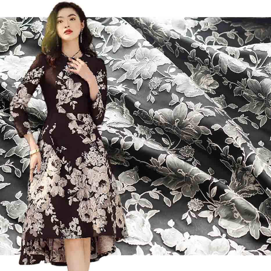 Silver Black Fashion New Floral Jacquard Brocade Fabric PA-2854