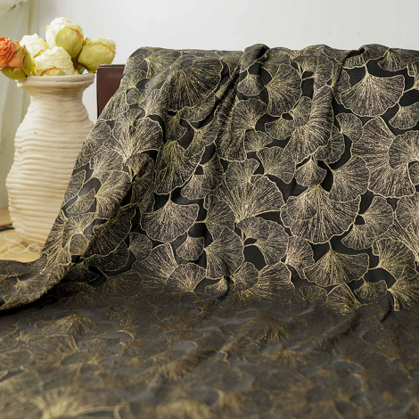 Vintage 3D Embossed Ginkgo Leaf Gold Metallic Yarn Jacquard Fabric for Fashion Dress Blazer Cushion
