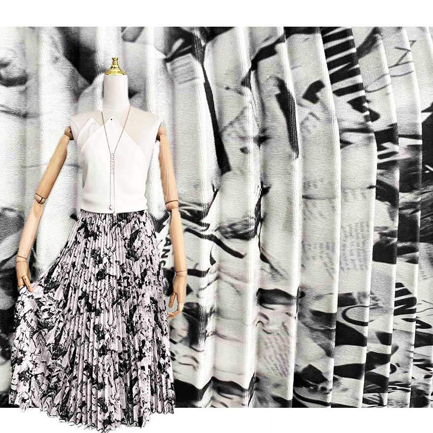 Alphabet Black White Printed Chiffon Pleated Fabric PA-21086