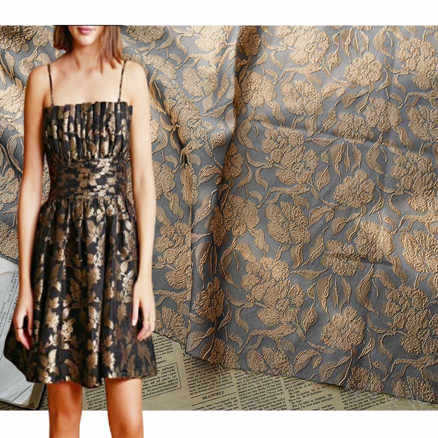 Brown Large Flowers Jacquard Brocade Fabric PA-2975