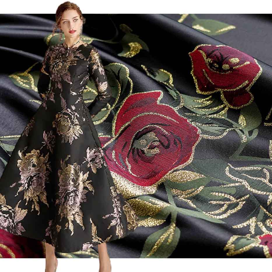 Burgundy Rose Gold Jacquard Brocade Fabric PA-3542