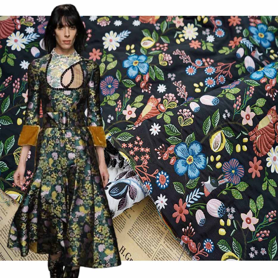 Classic Black Cat Embossed Floral Jacquard Brocade Fabric PA-3439