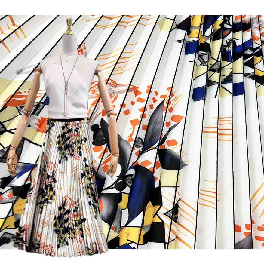 Colorful Geometric Floral Printed Chiffon Pleated Fabric PA-21091