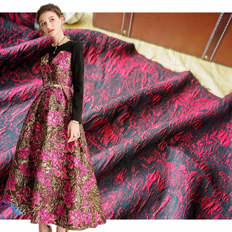 Dark Red Classic Embossed Large Flower Bubble Brocade Fabric PA-3143
