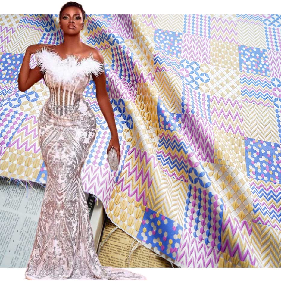 Embossed Color block Check Textured Jacquard Brocade Fabric PA-3182