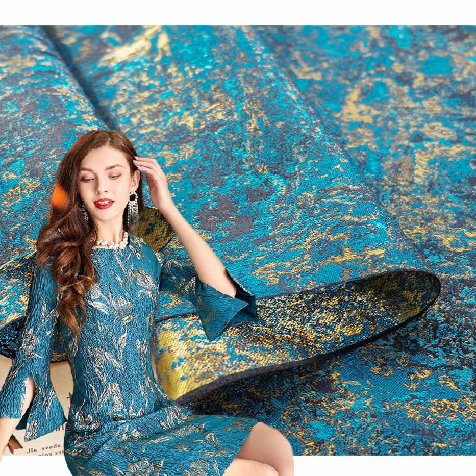 Fashion Blue Gold Contrast Jacquard Brocade Fabric PA-3643