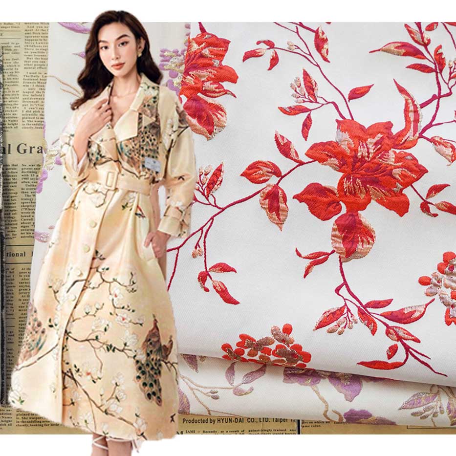 Gold Embossed Vintage Red Flower Jacquard Brocade Fabric PA-3612