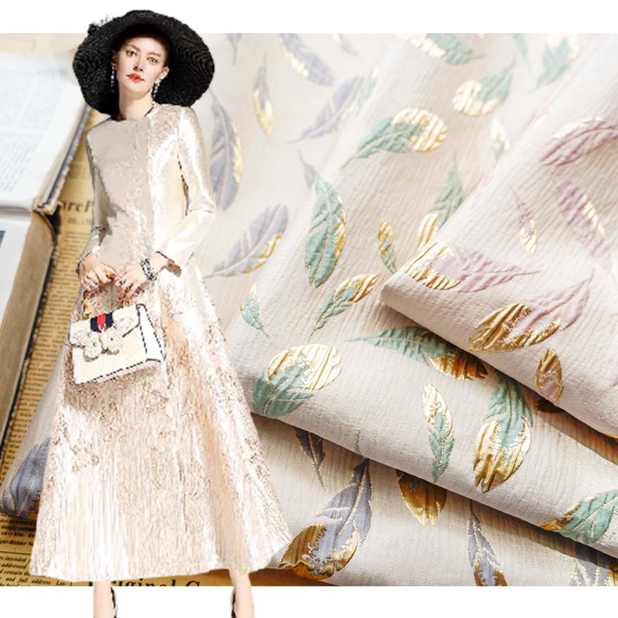Gold Feather Embossed Jacquard Brocade Fabric PA-3124