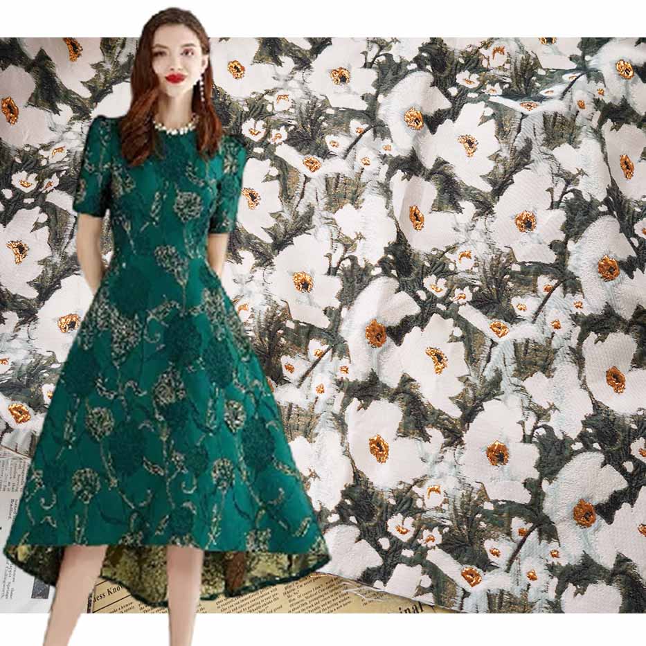 Gold Flower Ink Style Jacquard Brocade Fabric PA-3504
