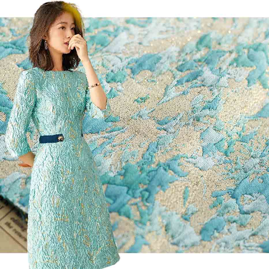 Gold Glacier Blue Embossed Jacquard Brocade Fabric PA-2838 Dress Bridal