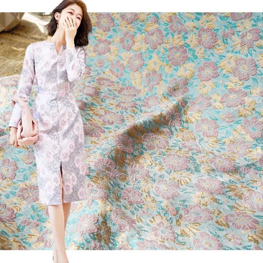 Gold Powder Blue Mix Jacquard Brocade Fabric PA-3024