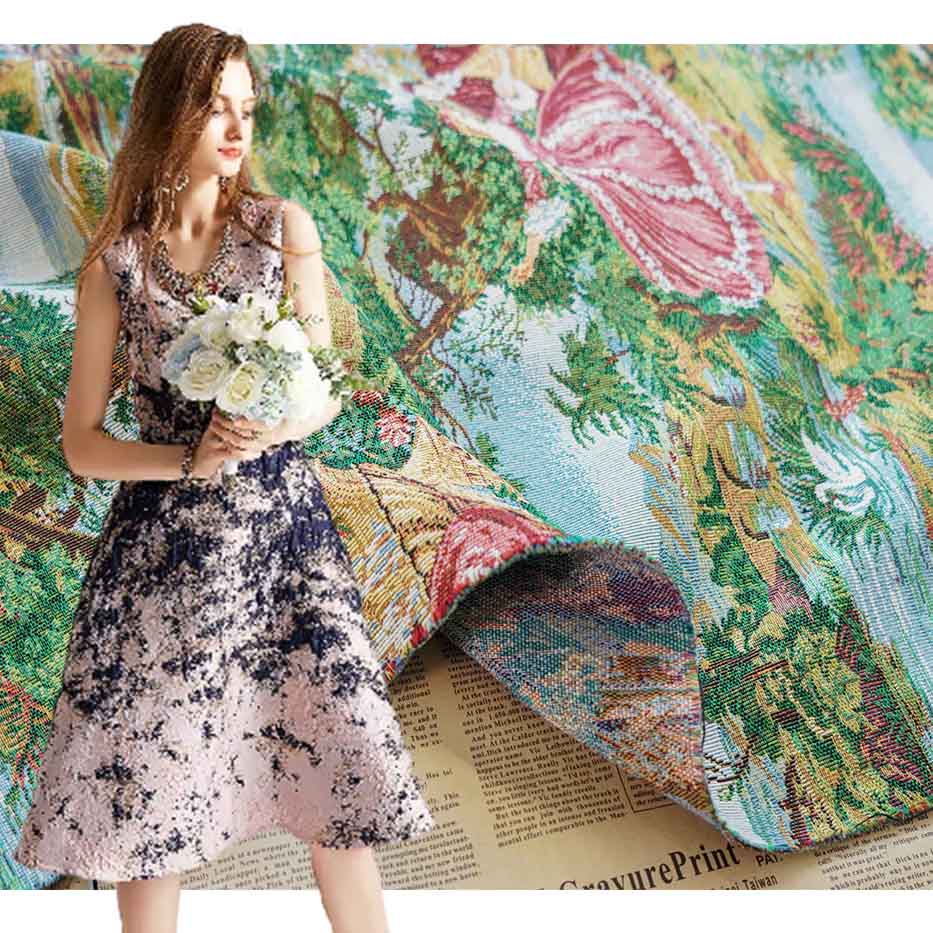 Retro Oil Painting Style Character Palace Scenery Jacquard Brocade Fabric PA-3578