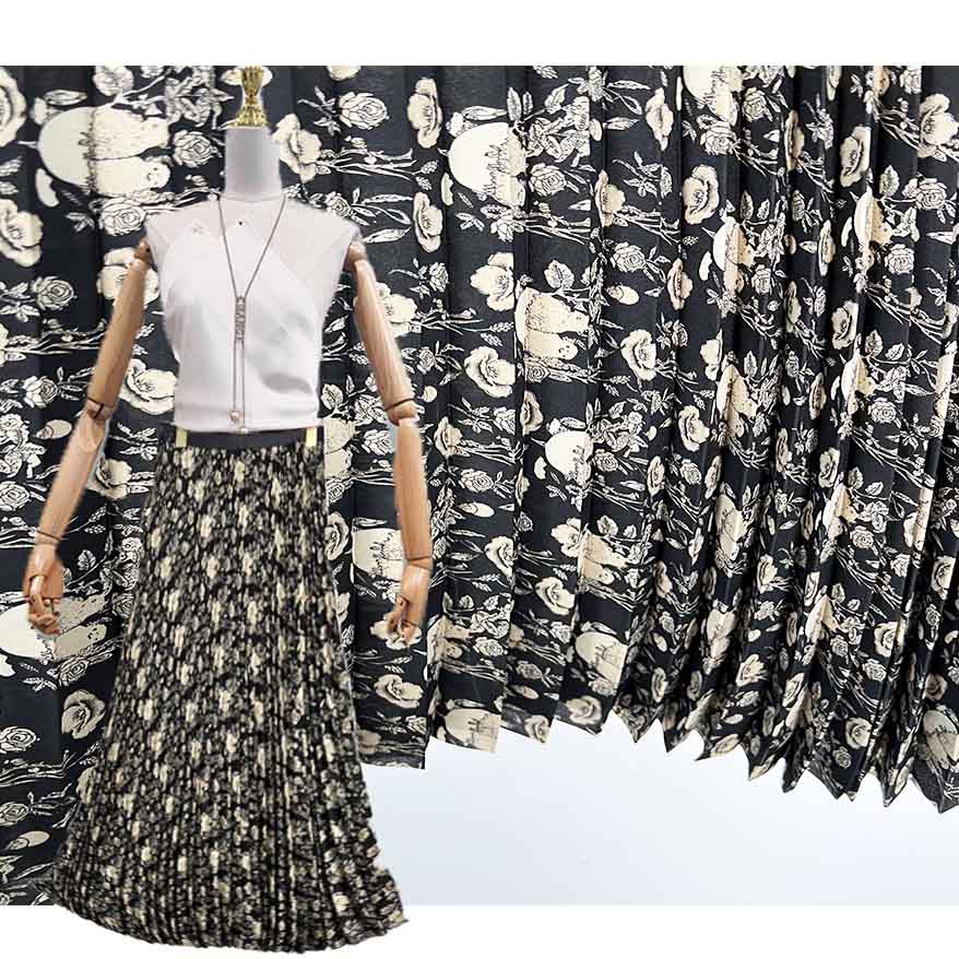 Rose Printed Chiffon Pleated Fabric PA-21089