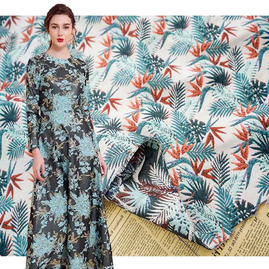 Small Bamboo Leaves Fashion Red Green Jacquard Brocade Fabric PA-3469