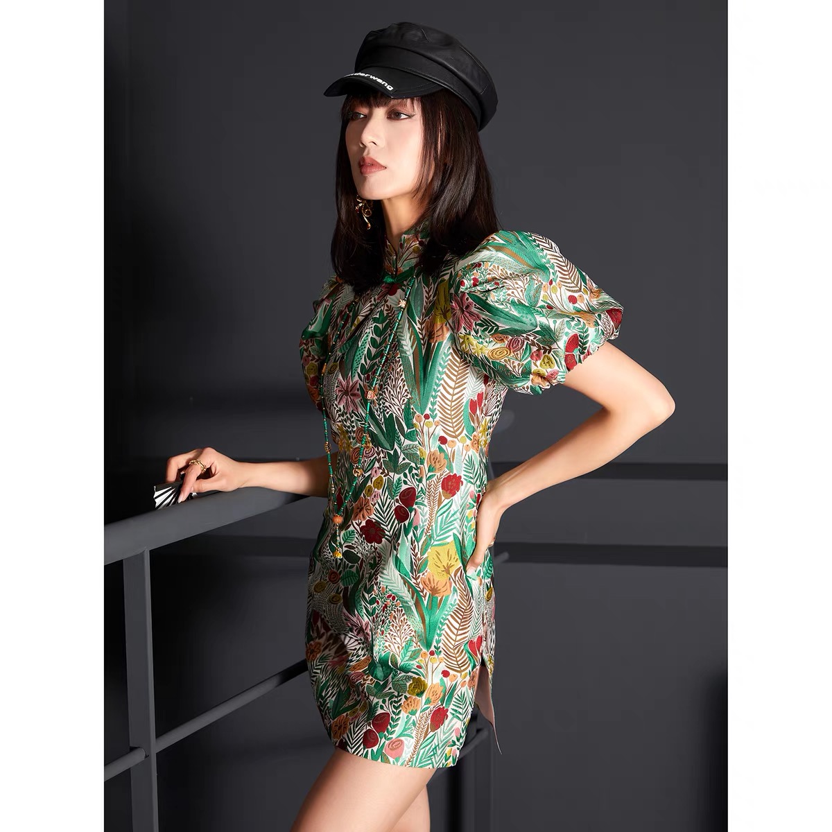 small-bamboo-leaves-fashion-red-green-jacquard-brocade-fabric-pa-3469-6